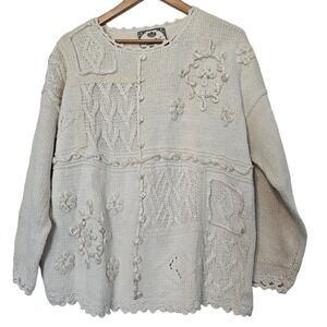 Vintage Tiara Sweater Womens Medium 90s White Cable Knit Crochet Puillover